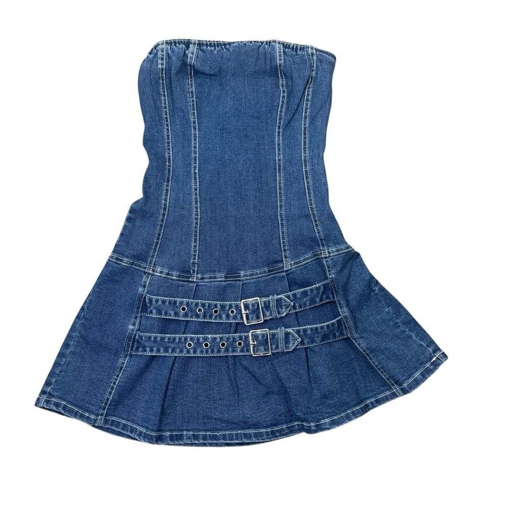NWT Love Tree Strapless Denim Belted Jean Mini Tube Dress Boutique Coastal - Picture 3 of 7